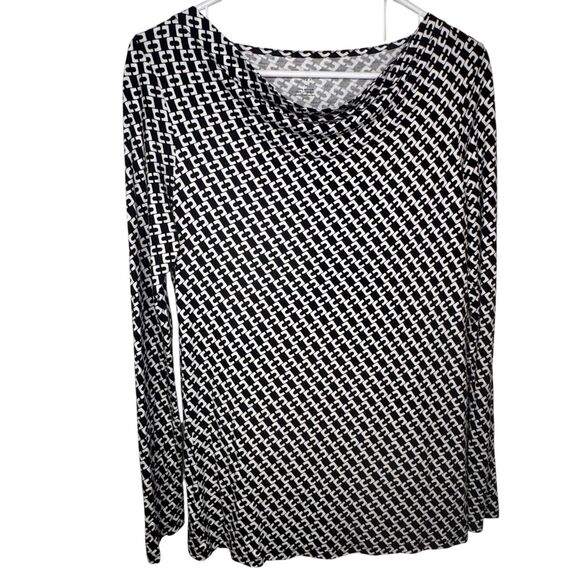 Talbots Black White Geometric Long Sleeve Drape Cowl Neck Top Women's M Stretch - Picture 9 of 10